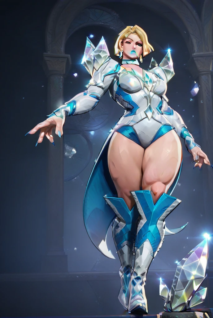 8k ((full body view))((view from below:1.5)),(large eyes:1.3), defined cheekbones, looking back, ((the pit style:1.4))((sleek chrome bodysuit:1.6)) ((intricate metal details:1.4))detailed face:1.5), lightblue skin,(puffy lips:1.5) (lightblue skin:1.6), (bald woman:1.7), (skinhead) ((sexy pose)),(Muscular:1.3), ((gigantic breasts:1.5)), )highly detailed, majestic, digital photography, art by artgerm and ruan jia and greg rutkowski, ((metal shoulder pads:1.2)), (masterpiece), sidelighting, intricate details, black and blue color palette