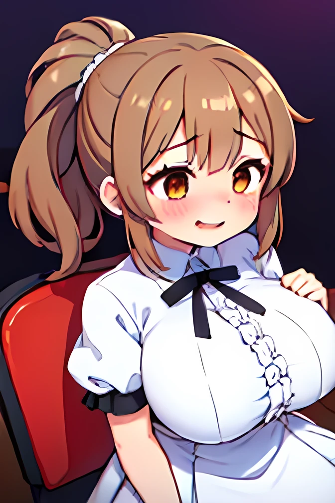 score_9_up,,score_8_up,score_7_up,score_6_up,score_5_up,score_4_up, 1 girl, satosasara, brown eyes, brown hair, single hair bun, (ponytail:1.2), long sideburns, long hair, frilled dress, white dress, white ribbon, short sleeves, puffy sleeves, puffy short sleeves, frills,(huge breasts), sagging breasts,smile,((embarrassed )),sit chair ,((pov angle)),looking away,