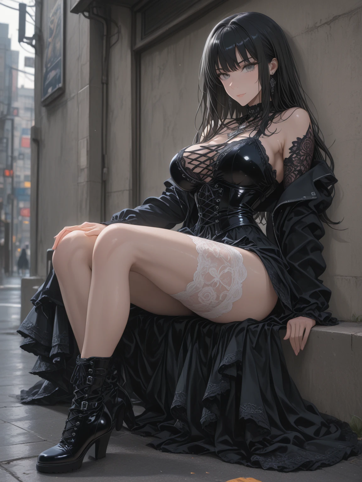  A gothic punk goth girl, perfect face, beautiful Asian woman with long White hair in curls and coils, very cute and           beautiful girl, (highly detailed beautiful face), high detailed fingers, (Blood Red corset) detailed face, curled white hair
]cowboy shot, looking at viewer, Standing, white panties. intricate details, cinematic scene, detailed background, solo, dynamic angle,  ((beautiful big blue eyes looking down at the viewer, black shiny lipstick, perfect Asian goth cyber makeup)) double d breast, detailed cute face, white hair, gothic punk fashion, highly detailed gothic fashion, short skirt, heavy make up,),(dark black lipstick), size, Backlight effect, lens flare, depth of fields, blurry background, Detailedface,1 girl, Detailed eyes, ,(thigh up shot image :1.5), Black gloves, climbing stairs, looking back over her shoulder