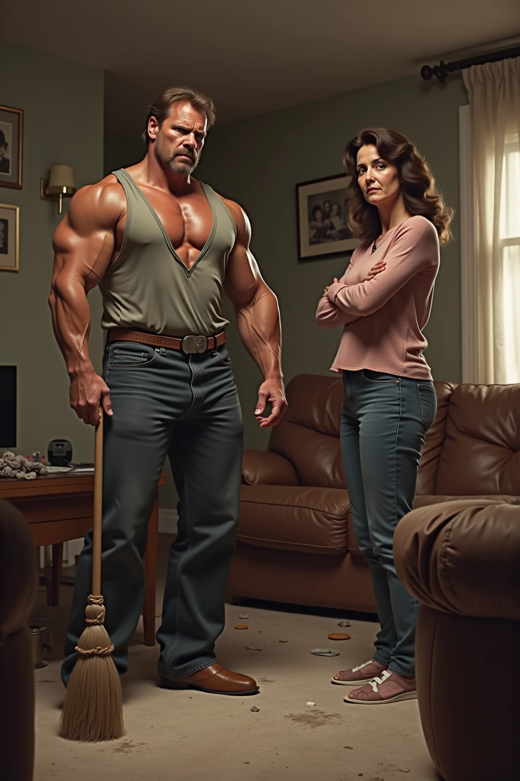 A living room setting where a woman with huge muscles flexing her massive right bicep wearing green bikini top and jeans trousers is standing in the middle of the pic and she is between two men and she is looking at them, the man on the left is wearing a striped shirt and the man on the right is wearing a brown sweater, muscle woman, woman with massive muscles
