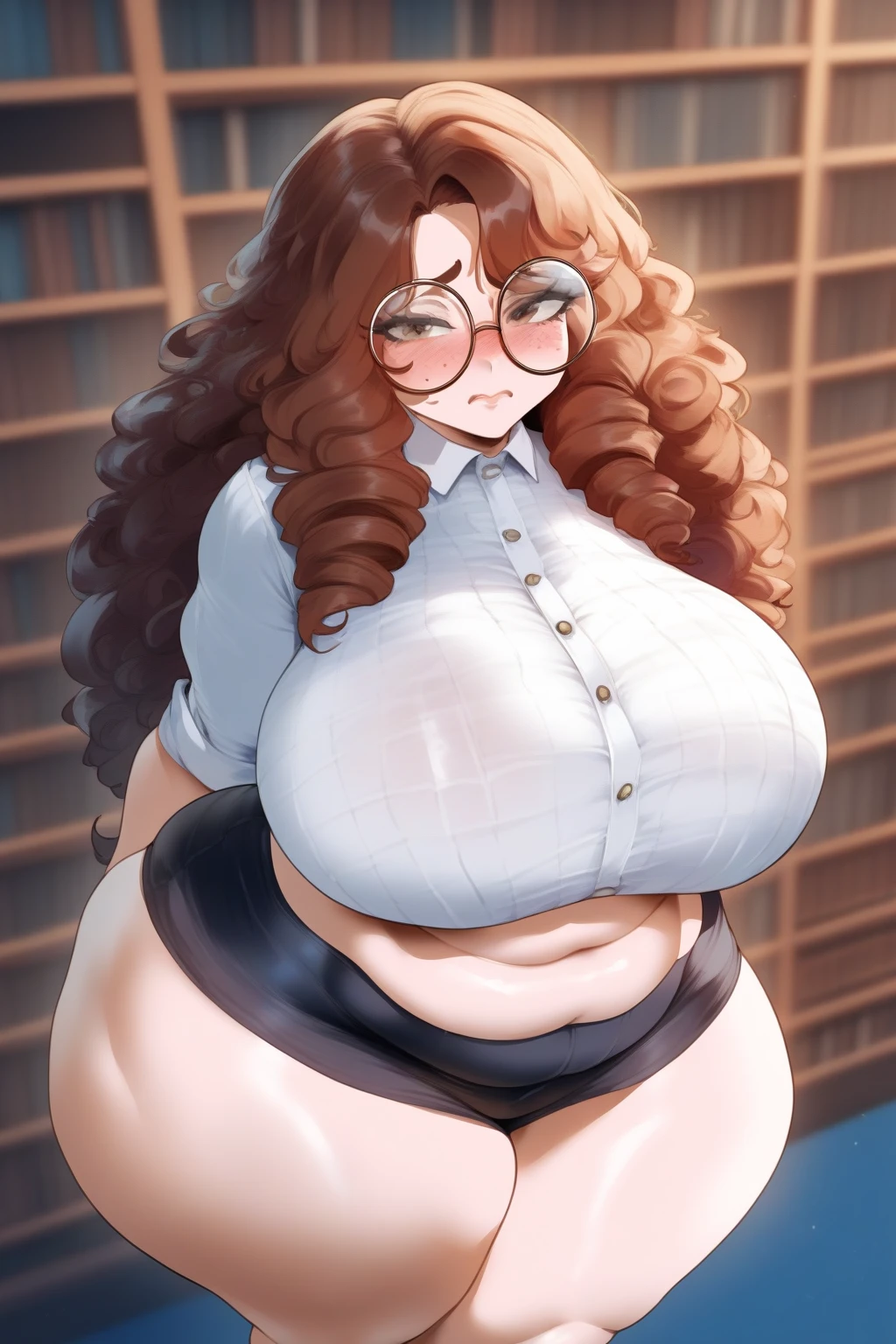 NSFW,Huge library、1 librarian、One Woman、small round glasses、huge-breasted、(((((bbw)))))、pantyshot 、 up skirt、From below、Panchira、big butts