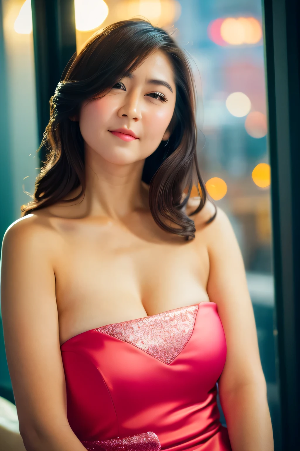 (highest quality, Background blur, )、woman、Voluptuous Body, charming-pose、Gorgeous dress、Photographed from the waist up、night citylight background, bokeh、(photo Realistic:1.4), (hyper Realistic:1.4), (Realistic:1.3), (Smoother lighting:1.05), (Cinema lighting),
