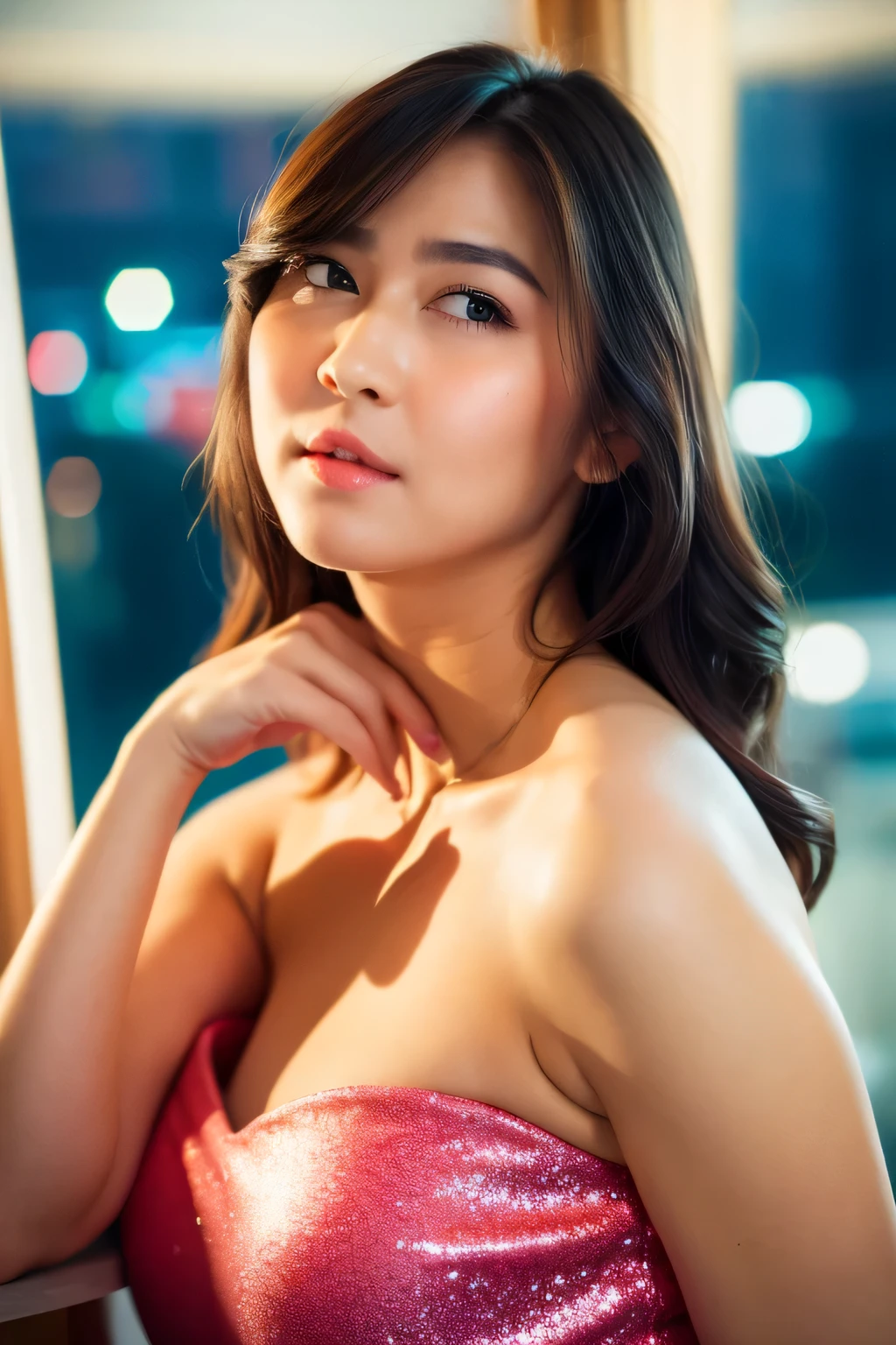 sitting on luxury sofa, pov from front, (pink shimering bikini), front view, long hair, (detailed face), (window, night city view), at luxury bedroom, tempting pose, cowboy shot, mouth closed, black eyes, 1 girl, 20yo,Young female,Beautiful Finger,Beautiful long legs,Beautiful body, beautiful breasts, beautiful nipple, beautiful vagina, Beautiful Nose,Beautiful character design, perfect eyes, perfect face,expressive eyes,perfect balance, (looking at viewer), official art,extremely detailed CG unity 8k wallpaper, perfect lighting,Colorful, White skin, (masterpiece:1.0),(best_quality:1.0), ultra high res,4K,ultra-detailed, photography, 8K, HDR, highres, absurdres:1.2, Kodak portra 400, film grain, (vibrant_color:1.2),professional photograph, (Beautiful,huge_Breasts:1.4), (beautiful_face:1.5),(narrow_waist)