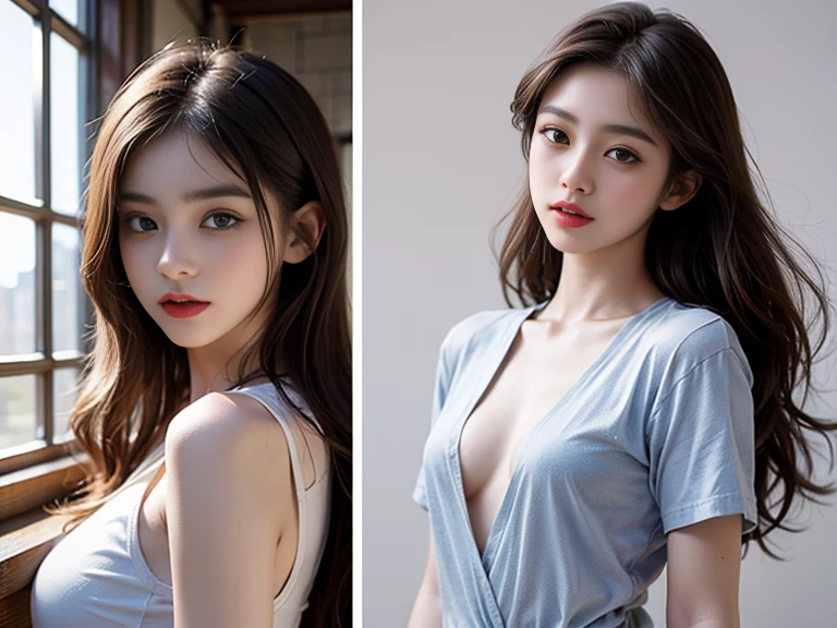 Solo Shot,medium shot、Cowboy Shot、（Solo:1.2）、One girl、Standing posture、a beauty girl、face perfect、mesmerizing eyes、blurry backround、Wearing a camisole、Colossal tits