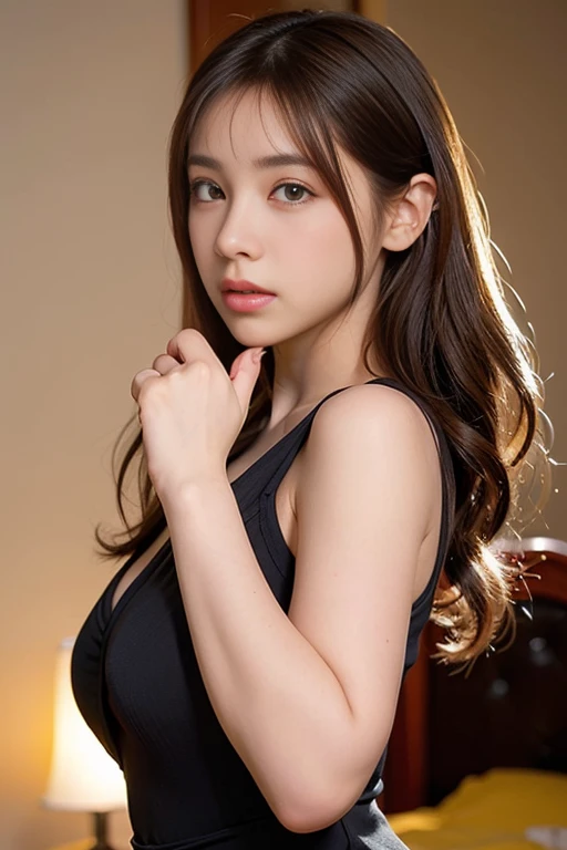 The cutest gravure idol pose in the world、Perfect proportions、Large Breasts, valley, cute、((18-year-old female:1.2))、Young and adorable Japanese face，Official Art，Highly detailed CG Unity 8k wallpaper，（masterpiece:1.0),(highest quality:1.0), 超A high resolution,4k,Very detailed, photo shoot, 8K, nffsw, High resolution, Kodak Portrait 400, Film Grain, Lens Flare Glow,高いest quality,8K,nffsw:1.2),Portrait Shot,8K、valley間強調、Yellow Lingerie、Put your elbows on the table and look at me、