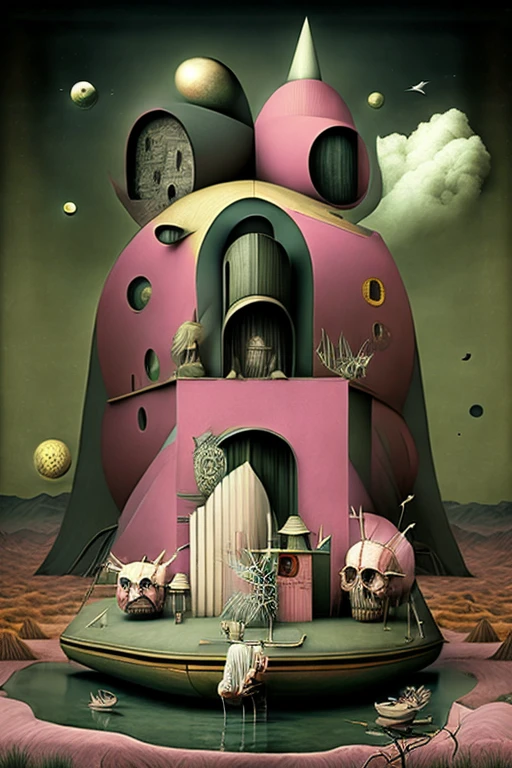 Human Skull House，fish，plant，flower，Tentacles，Eye、Starry Sky，Stitching together an abstract painting，Describing the inner world of autistic people，Sense of space，White Space，interesting，Innocence，Psychedelic Art，Pink theme
