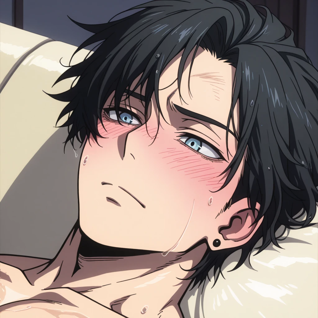 masterpiece, (1Man), (Mature Male), luci, red eyes, black hair, blush, (surprised blush), (naked), (bare chest), (tied with rope), ropebondage, bed,