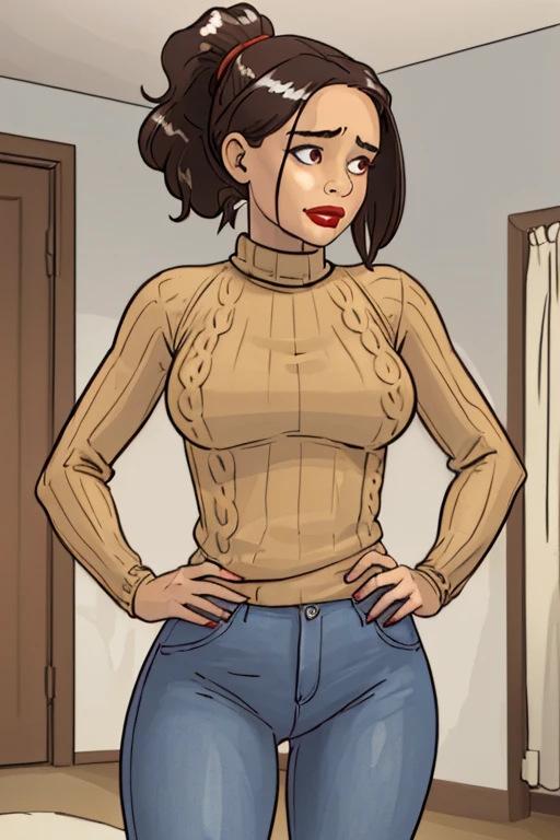 Latina in green and red shirt and white high cut panties, realistic art style, detailed wrinkles