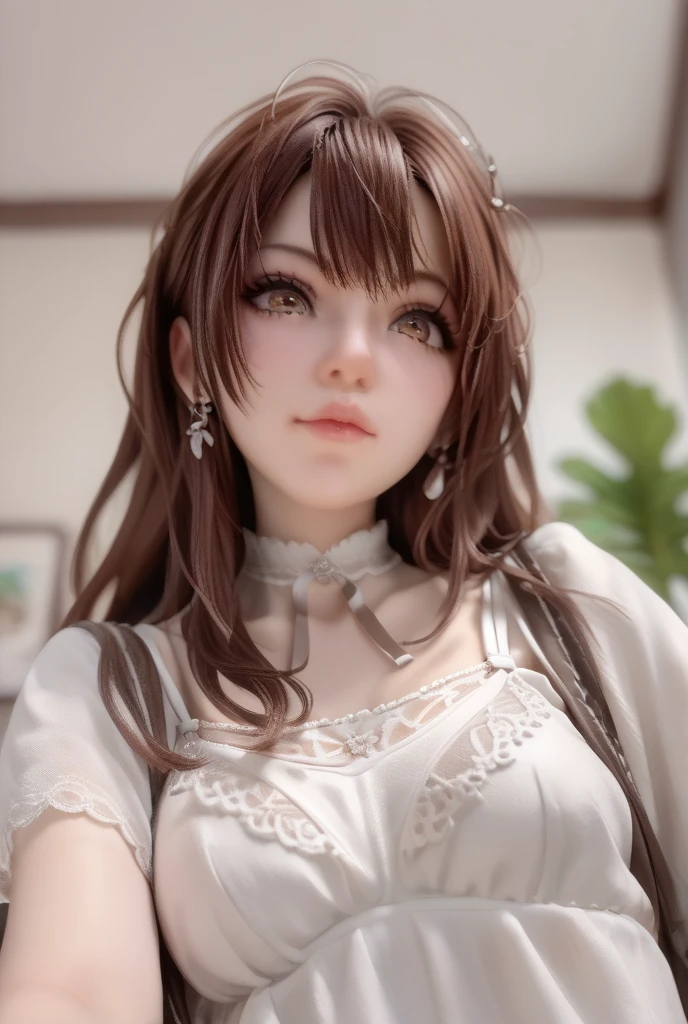 "Create a sophisticated portrait of a young East Asian woman seated in a modern office setting. She has long, chestnut brown hair that gently frames her face, providing an elegant contrast to her sharp, professional attire. She is wearing a form-fitting white blouse tucked into a black pencil skirt, paired with sheer black stockings. Her posture is upright, portraying confidence and poise. The soft lighting in the room highlights her thoughtful expression as she gazes off into the distance, lost in thought. The background is softly blurred, focusing attention on her."