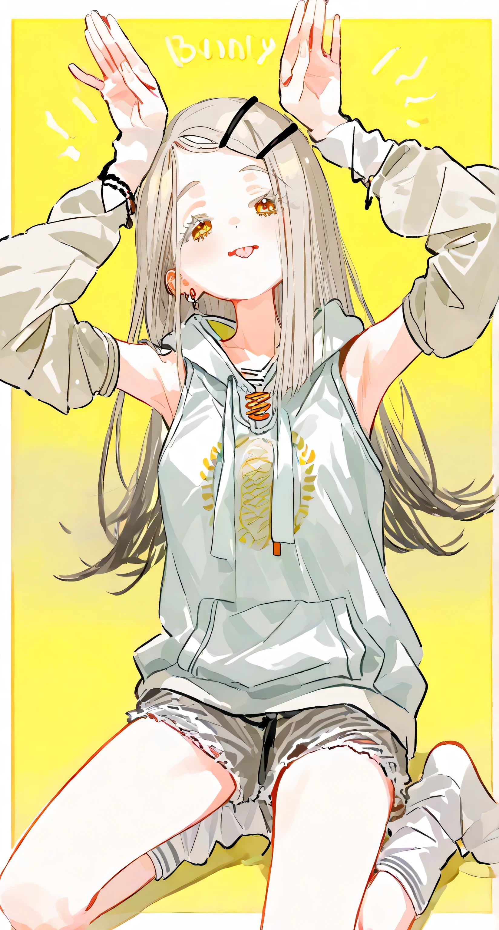 Sleeveless hoodie, arm warmers, bunny pose, tongue, ((Hiro Shinosawa)), Gakuen iDOLM@STER, loose socks 