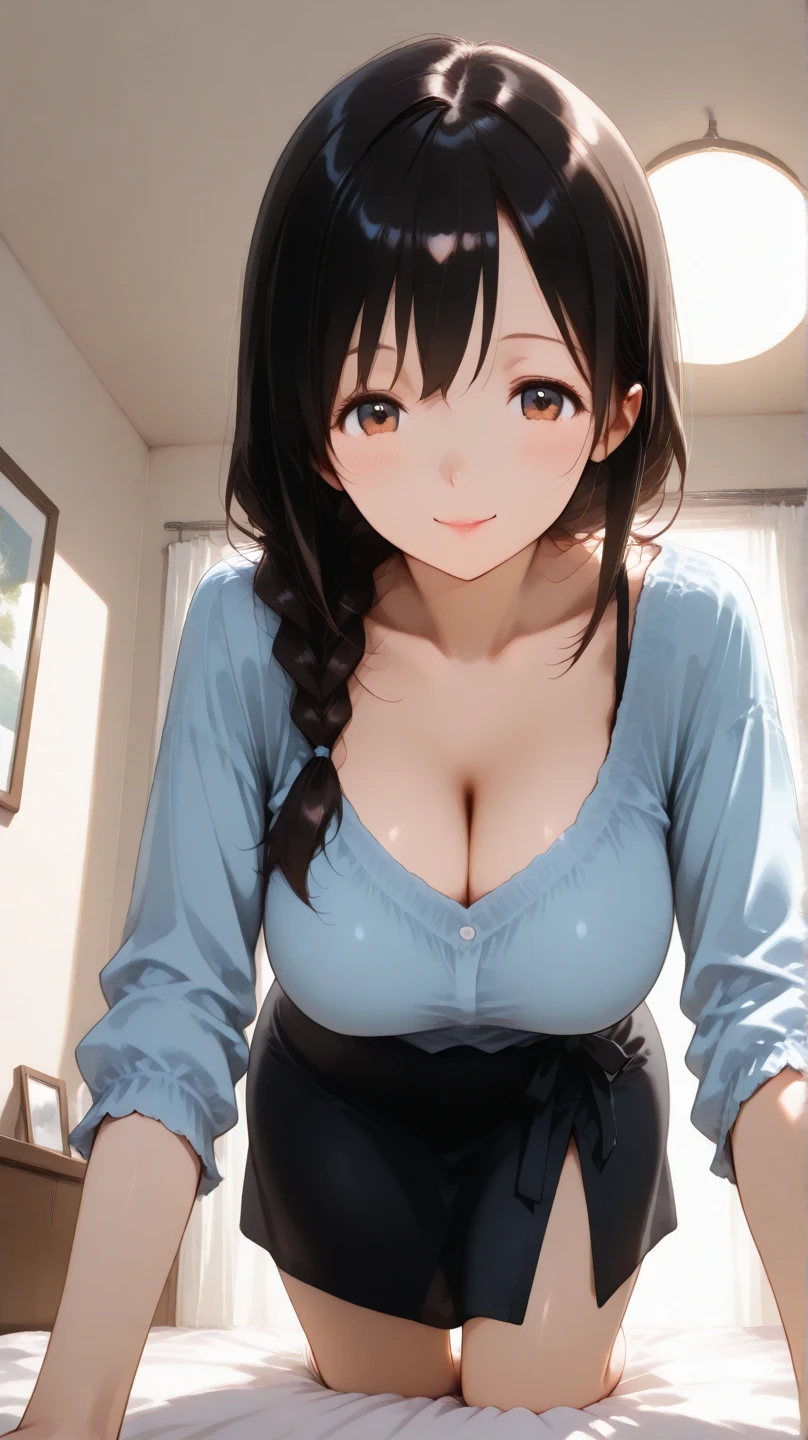 ultra-quality, ultla highres, Hyper Detailed, High contrast, Ultrafine Strike, creative refinement,A dark-haired,ssmile,Show cleavage,livingroom,5 fingers