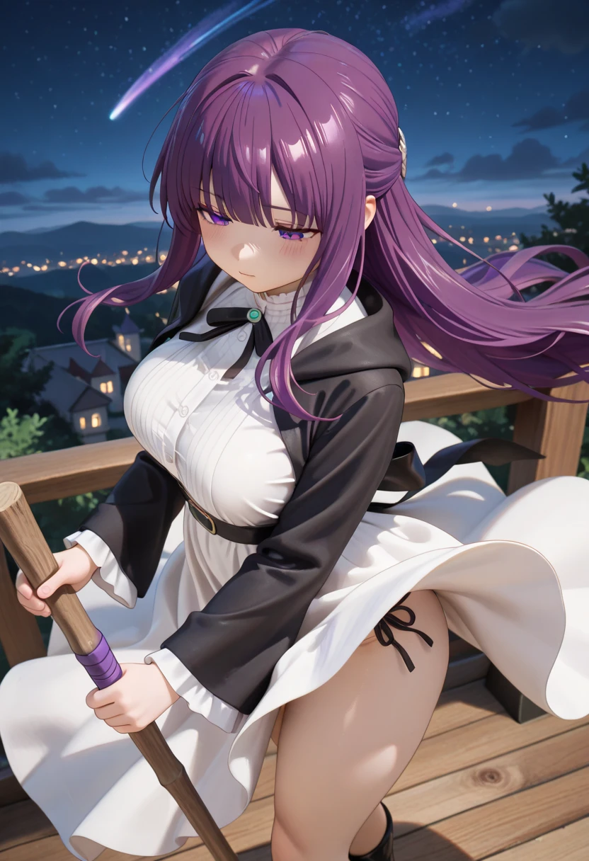 BREAK looking at viewer, BREAK (masterpiece:1.2), best quality, high resolution, unity 8k wallpaper, (illustration:0.8), (beautiful detailed eyes:1.6), extremely detailed face, perfect lighting, extremely detailed CG, (perfect hands, perfect anatomy),castle,tower,outdoor,night,starfall, moon,stars,wet road,green hair, side ponytail, (purple eyes:1.1),aura the guillotine, long hair, (purple eyes:1.1), purple hair, braid, horns, twin braids,skirt, thighhighs, gloves, choker, black gloves, elbow gloves,skinny fit,angry face,nsfw, small breasts,upskirt,panties,showing ass,camel toe,from behind,back view.