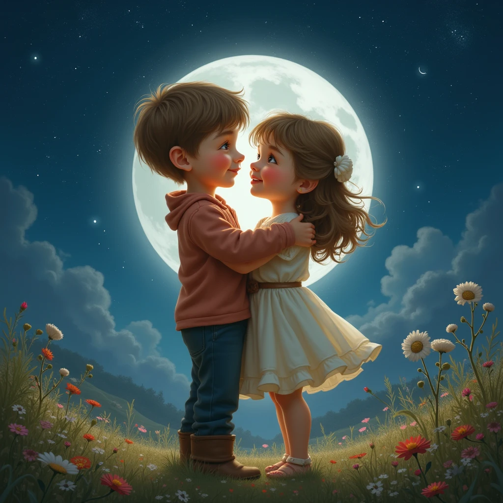 Boy and cute girl love on moon 
