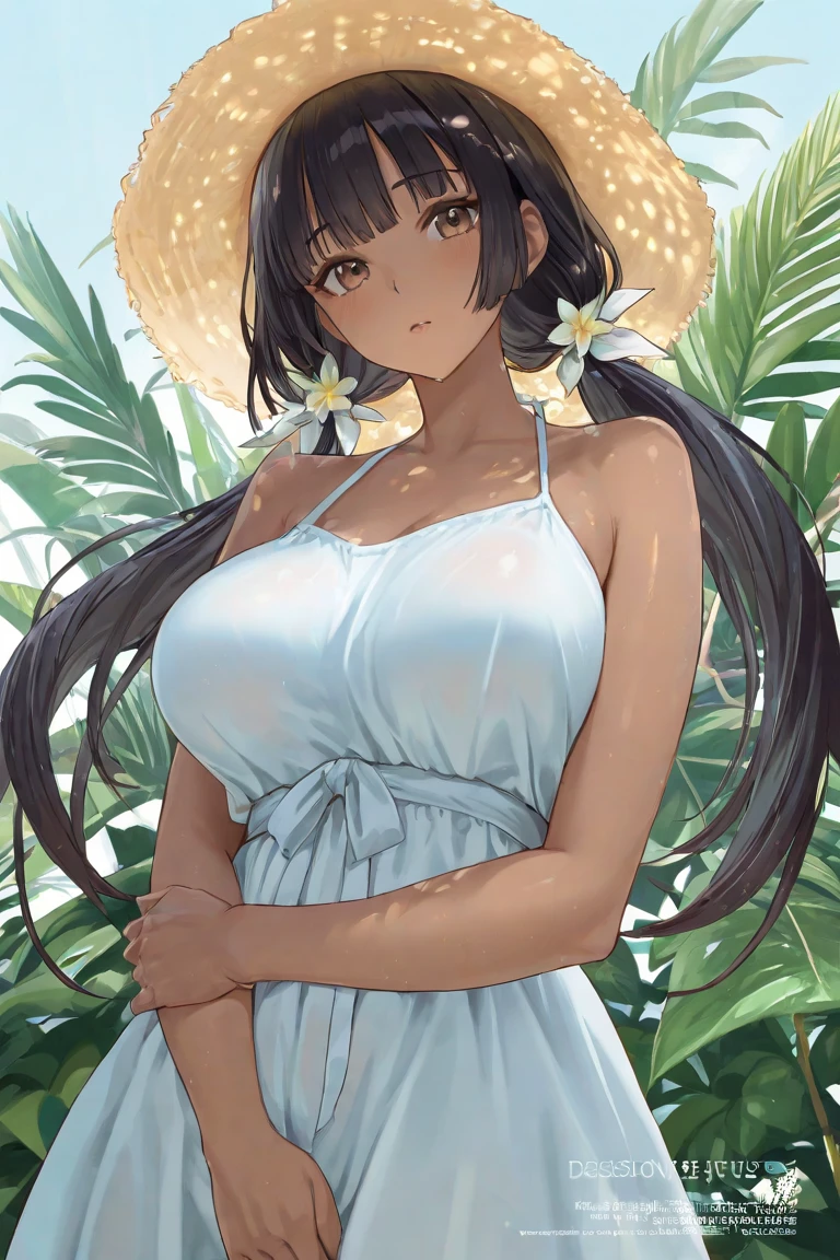 1girl in, 30 years old, Square face, Long hair, Looking at viewer, jewelry, Reality, Sexy, in a flowing A-line, floral dress complemented by a wide-brimmed hat, in a picturesque park or botanical garden