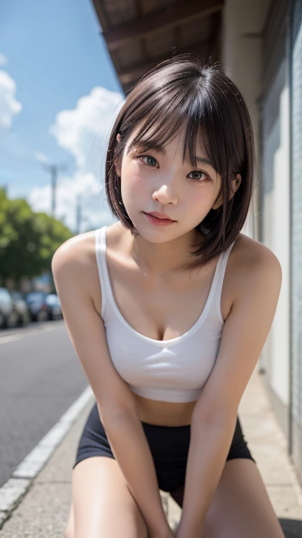 ((perfect anatomy:1.5,realistic:1.3,RAW photo:1.3,masterpiece、highest quality、Ultra - High resolution、High resolution、Detailed CG、8K)),cowboy shot,1 female,alone,dancer,18-year-old、high school girl beautiful girl,Japanese,((beautiful detailed face and eyes:1.2,big and gorgeous eyes:1.2,gray eyes)),dark brown hair,short bob hair,bangs,medium breasts,slender body,small head:1.3,skinny,(oily skin,glowing skin,shiny skin、Sweat),、plaid pleated mini skirt,on the road,Harajuku、Tokyo、