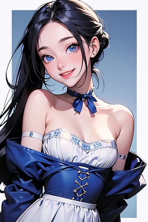 8k,Ultra-high resolution,((Best image quality)), ((masterpiece)), (Attention to detail:1.3), 大きなsmileでblue eyesのジャンヌD&#39;Aak,Paladin,blue eyes,Blonde Perm Blue Hair,Woman in black armor(精密な金色のPaladinの紋章の細工)、Cleavage,We paid special attention to the decoration of the chest armor...、Beautiful expression,charm,sexy,so beautiful(Like the real thing),Carry a big, long sword,smile,Luxury black pants,Blue and black shoulder pads,Blue-black armor,Blue-black leg armor,masterpiece,Photorealistic RAW photos of the highest quality。Bright colors,Rich colors, Backlight, Cinema Lighting, Film Grain, to be born, 50mm lens, Nikon D850,Realistic Skin,Fantasy art,Character Art,Ultra-high resolution,大きなsmile,