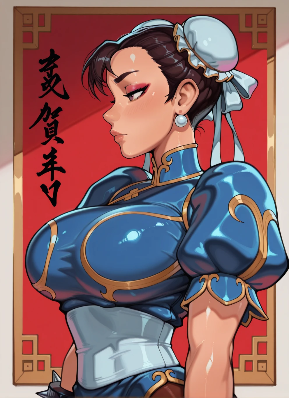 Chun-li, no clothes, no bra, no panties, pubic hair showing, , big breasts, pink , she is standing, facing the viewer, high quality, perfect anatomy, beautiful face, behind her is a bedside table and a blue curtain, covering a window, but the sun's rays still come in, with a lens flare.