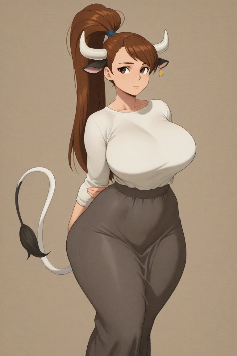 Brown minotaur, (big), ((scary)), (((hairy))), (((((((cow face))))))), ((monster)), (((((minotaur))))), ((not human)), full body, bipedal, standing, ((strong)), (((((muscles))))), ((medieval clothing)), d&d, (medieval),(((( hooves)))), tall, ((cow)), short skirt, skirt, (closed mouth), (hand on hips), ((medieval blouse)), earrings, piercing, (((dark skin))), (((brown skin))) , tail, ((centered)), cartoon