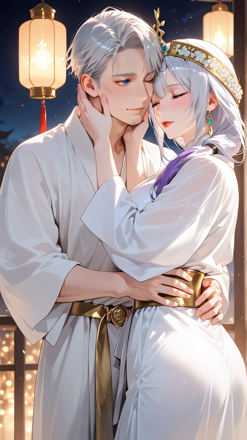 concept-art,"1 couple, malefocus, foxears, O cabelo multicolorido,Handsome boy,Women don't want fox ears,Long white hair, nipple tassels, By bangs,Colorful,Bold colors,White sexy kimono,(avas)komono,Traditional Chinese clothing,closeup cleavage,Intimate interaction in bed,ear studs,Nipple Ring,sweat leggs,Illuminate people", rich colourful,Master composition,Focus on key people, photorealisti,tmasterpiece, awardwinning, best qualtiy, tmasterpiece, ultra - detailed, 8K, Extremely detailed Cg Unity 8K wallpapers, 复杂, highly detailed, realistic
197/2000
