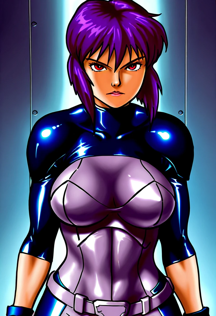 Close-up of Motoko Kusanagi lying on the bed covered with blanket, Purple colored hair, red eyes,anime style beautiful woman, Lie down in bed,anime《Fantasma na Concha》Curly, kusanagi motoko, kusanagi, Blow blow, Ghost in the Shell movie scene, levi black lagoon, Ghost in the Shell style, bared chest, Fantasma na Concha, Inspired by Morikage Hisumi