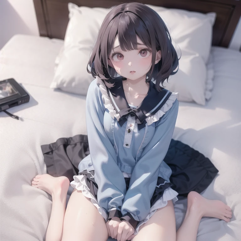 highest quality, masterpiece, Extremely detailed, (full body shot), Front view, symmetry, Immature Japanese , alone, (alone: 1.3), thin legs, whole body from head to toe, From above, sitting, M-shaped spread legs, look at the viewer: 1.3), small breasts, (Black sheer detail material and shiny tights): 1.2), Underwear made of white silk lace fabric through tights, very beautiful 17 year old girl, I don&#39;t have shoes, (blush: 1.3), shy big eyes, (short (brown hairy area), (bangs), messy hair, (hair clip), Lying on white sheets, I&#39;m watching you: 1.3), look at the camera, You can see the white silk lace underwear, white lingerie, high blazer, high white blouse, high blue ribbon, High plaid and navy pleated skirt, break (cute pose: 1.3), (Genius actress:1.5), (Best lighting by famous artists: 1.2), 8K, ((Cute pose acting instruction from a famous master: 1.6)), ((thighs spread from side to side: 1.35)), ((deep い is written in the depth of the world:1.5)),
