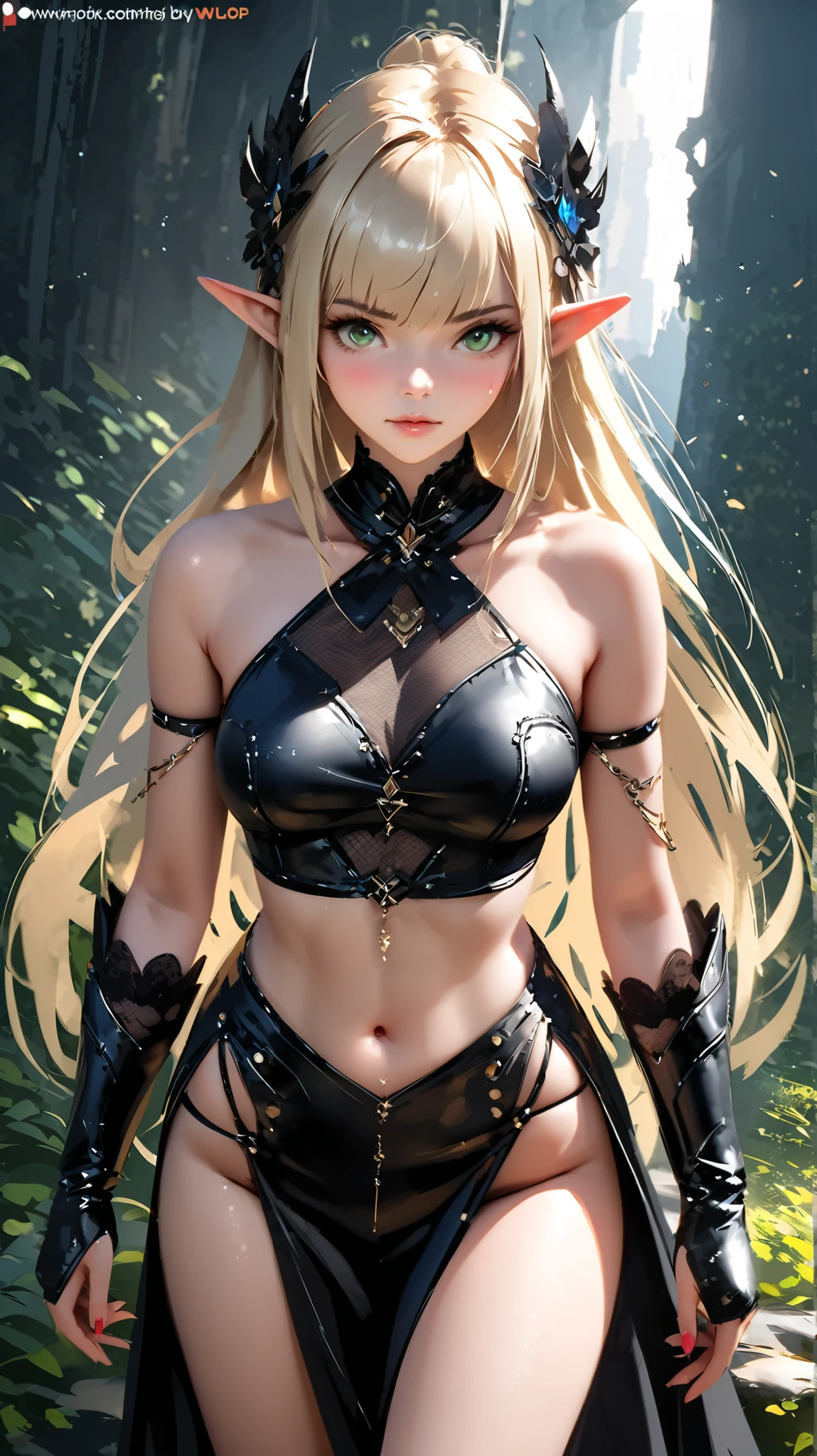young girl, longue blonde hair, Two pigtails, blue eyes, elf ears, smirk, Black Superhero Mask, black skintight clothes, leather clothes, open belly, open breasts, Huge-breasts, Wide neckline, Sleeveless, Shorts, tattoo, lots of tattoos, Masterpiece, hiquality, 4k, HD, Good detail