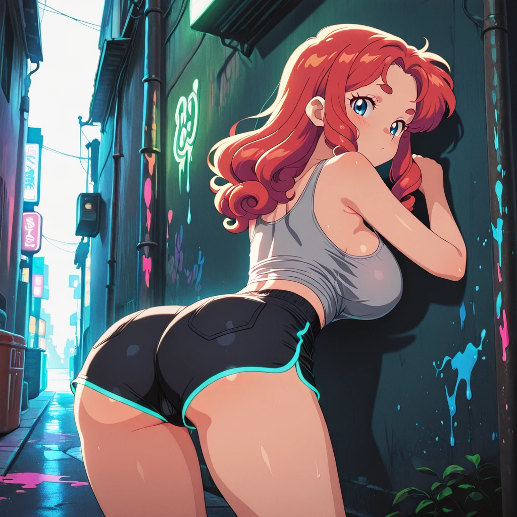 (((butt))), (rear view), (sexy pose), (sexy girl), masterpiece, best quality, full body, 1girl, bangs, blush, breasts, collarbones, ear piercings, eyebrows visible through hair, (gradient red hair), jewelry, long hair, looking at the viewer, piercings, (undresses), (striped black and white underwear), (unbuttoned white shirt), (panties), (goth), bright eyes, ring, (solo), illustration, fashionable, woman, posing, background, elements, confident, expression,  Hold, Accessory, Majestic, Rolled, Around, Touch, Scene, Eye-catching, Larger, Focus, Dynamic Pose
