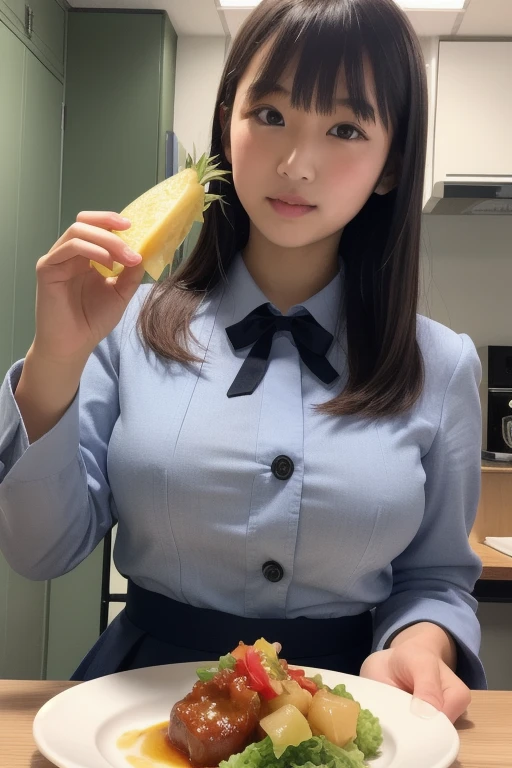 (highest quality, masterpiece, photo-realistic, super detailed, ultra high resolution, born:1.3), (1 girl, cute, Japanese), white skin, (beautiful girl, slender girl: 1.3), (19 years old: 1.3), ((black, coarse mesh body Suit Left and right chest only open, long sleeves: 1.3)),((black, coarse mesh body Suit Left and right chest only open, long sleeves: 1.3)),(smile), (Chest on the tray, Iron plate), outdoor、camp site、Grilled meat on an iron plate、BBQ, bangs,((Exposed breasts))) ,(((Nipples exposed))),