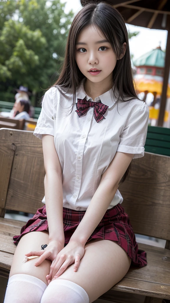 1young girl, extremely beautiful, (extremely cute), (highly detailed eyes, highly detailed hair, highly detailed face), sexy face, smile happily, Bangs, (High school uniform, Pleated mini skirt:1.2), (High school uniform wide open breasts), ((short hair)), extremely detailed CG unified 8k wallpaper, Highly detailed, High-definition raw color photos, Professional Photography, Realistic portrait, Cinematic Light, (no panties:1.35), sitting, (spread legs wide open), outdoors, benches, parks, fountains, drinks, (((Bokeh))), depth of fields,