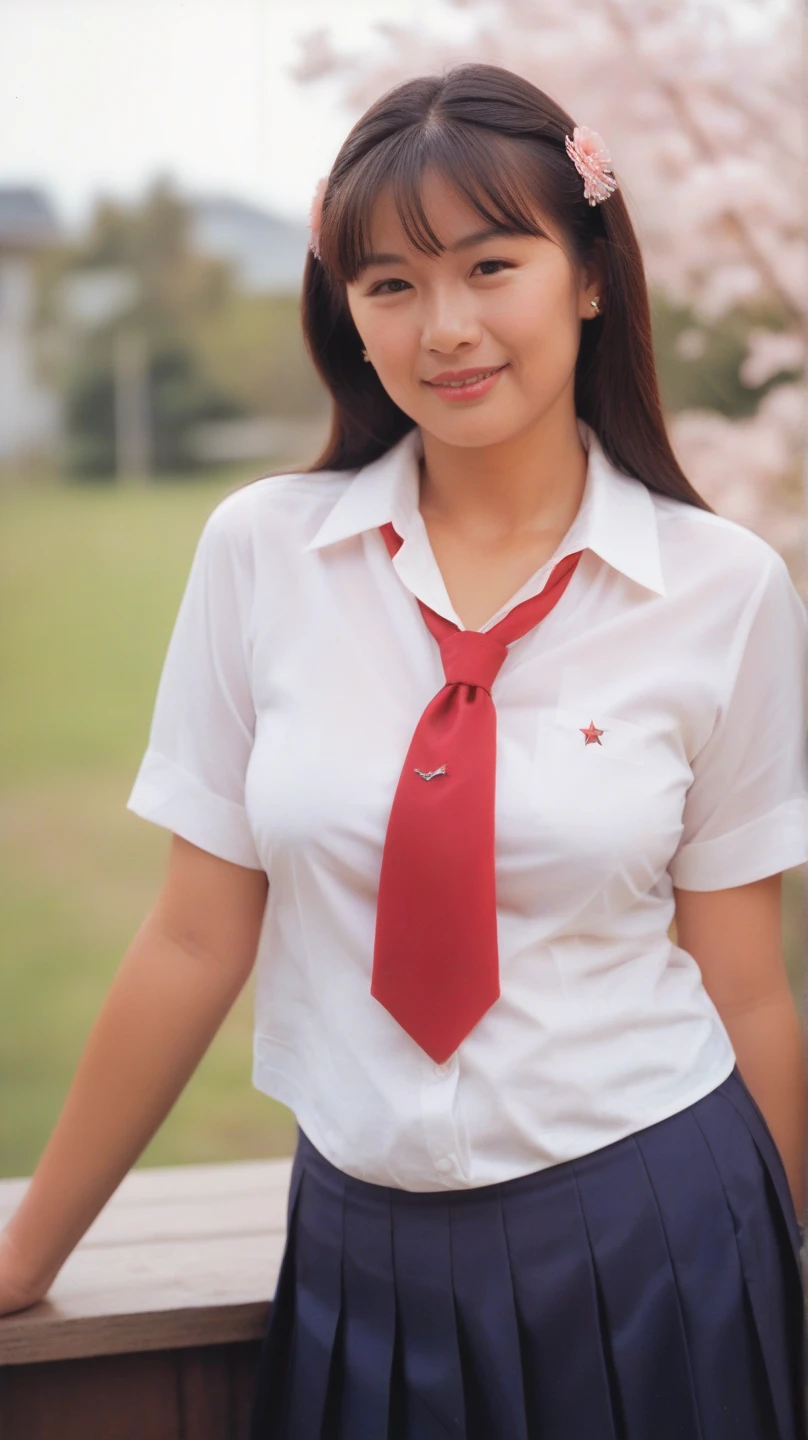 17 year old Indonesian high school woman, long hair, white skin, smiling, fat, big breasts, sexy, wearing a white short shirt, red short skirt