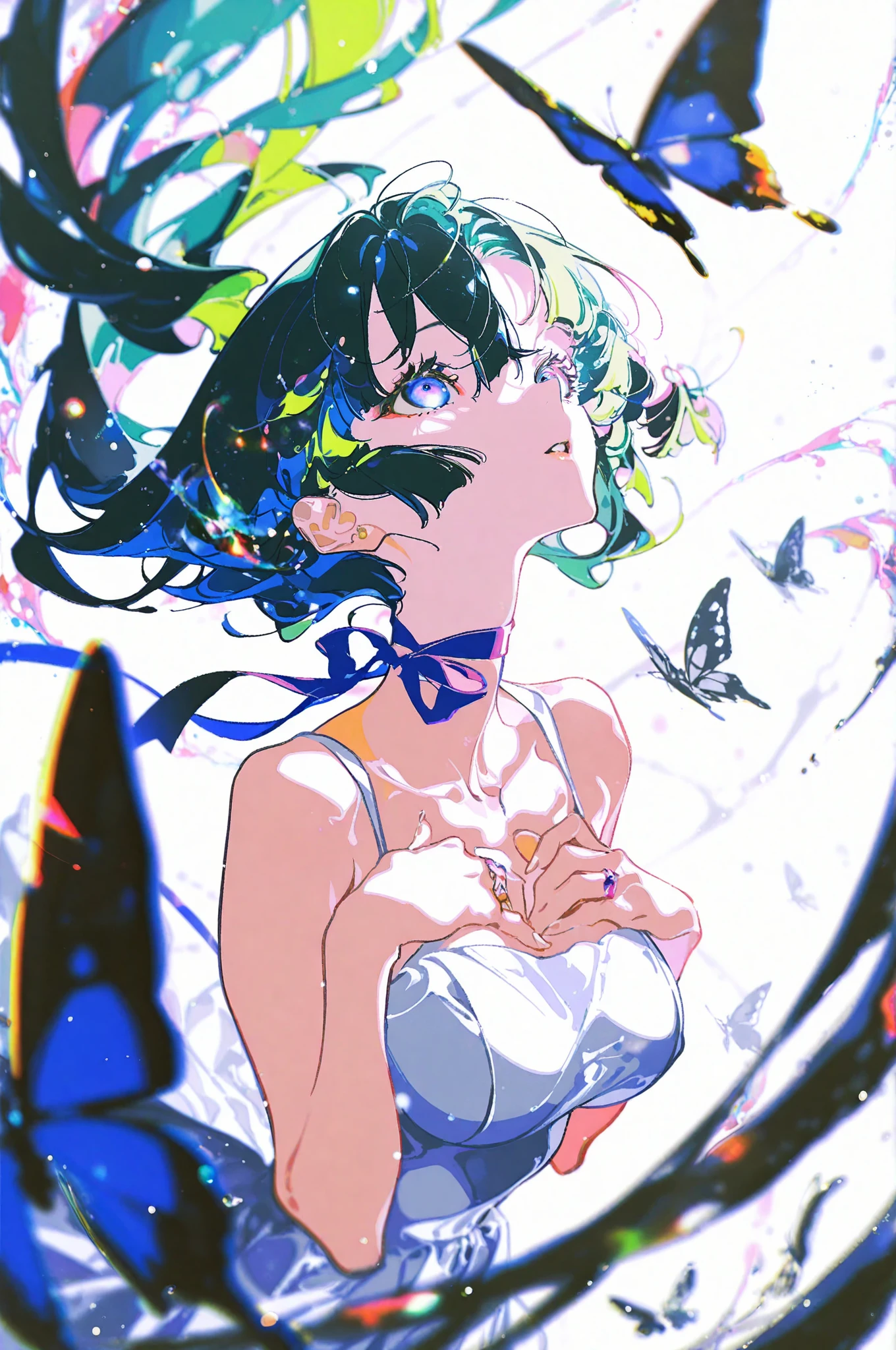 masterpiece, amazing quality, best quality, good quality, absurdres, ultra-high resolution, 32K UHD, masterful details, extreme aesthetic, very aesthetic, newest, year 2024, year 2023, sharp focus,
(void 0:0.46), (yoneyama mai:1.2), (cocoballking:0.45), (rella:0.5), (reoen:0.34), (wanke:0.56)
official art, emotionalization, unconventional supreme, impactful picture, perspective composition, movie perspective, depth of field, light particles, lens flare, colorful, splash of color,
1girl, green hair, dark blue hair, streaked hair, long hair, bangs, hair between eyes, dark blue eyes, , floating hair, ribbon, choker, ribbon choker, neck ribbon,  shoulders, sleeveless, white dress, solo, upper body, looking up, parted lips, hands on own , bug, butterfly, white background,