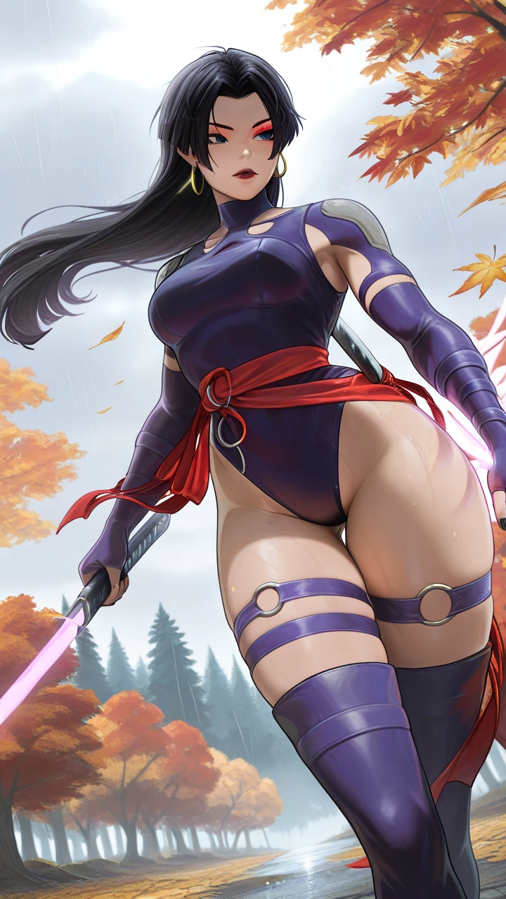 spread legs behind her head,night,hard rain,masterpiece, best quality, ((Drifting pink fog effects:1.8)), extremely detailed, (solo), fullBODY,seductive woman, angry look,oily skin, sweating a lot, soaked,big female ninja, wearing purple Japanese armor,wearing a purple festival loincloth,wearing purple tabi socks, wearing rpurple fishnet tights, holding a sword,thick lips, dark eyebrows, almond brown eyes, black hair, ((skin:1.4), chest wrap, dark blue long scarf, (from below:1.2), Japanese garden, (pubic tattoo, glowing tattoo:1.3)