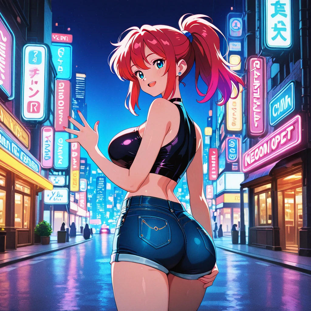 1girl, background, (ranma-chan), blush, red hair, medium breasts, tomboy, one short pigtail, nighttime, hot breath, open mouth, dimmed lighting, standing, city, big ass, wide hips, toned body, wearing slutty prostitute outfit, micro skirt, midriff, prostitute, purple eyeshadow, (detailed fingers), thong peek, no bra, 5 fingers, red light, neon light billboards, red-light district, nipple bulge, microkini top, pussy juice, (artist: loliconder), (cameltoe), close to viewer, (view from side), grinning, (girl inviting viewer to fuck her), ass, slutty, prostitute, long eyelashes, deep cleavage, whore, prostitute, bimbo, (5 fingers and one thumb), bent over, du, sex,penis, doggystyle,
