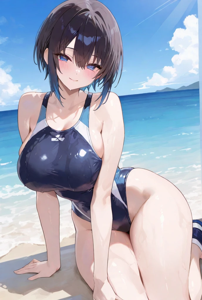 big breasts,cute,short hair,is wearing a swimsuit.,white hair,soft light,At sea,cheerful
