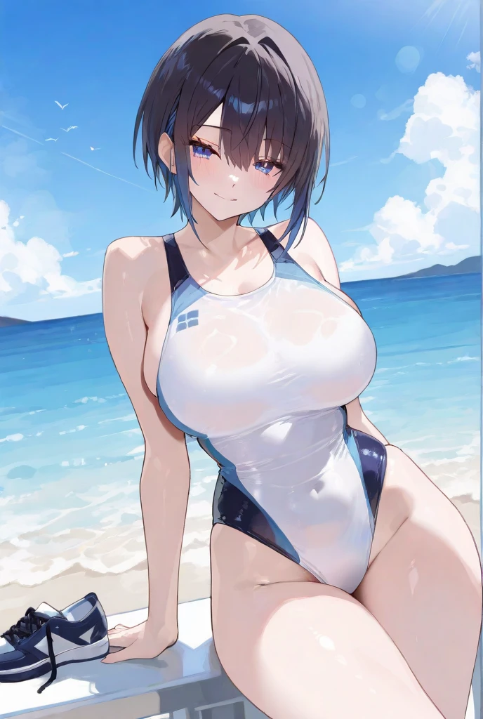 One piece type competitive swimsuit Black Bob Hair Great style blush smile Directly facing