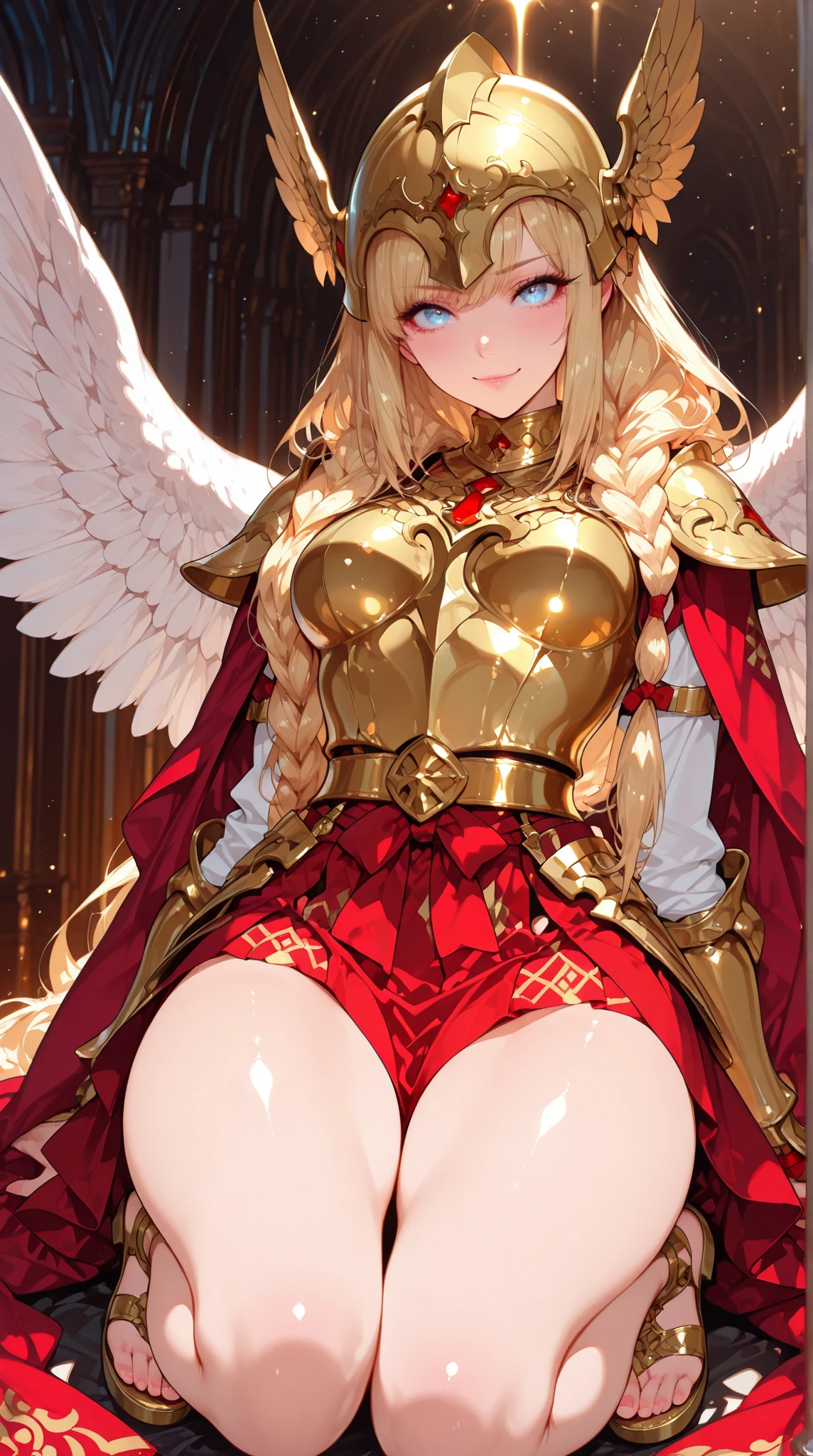 female, blonde long hair in ponytail, blue eyes, (((1girl))), (((gold metal valkyrie armor with white trim))), (white skirt), (white thigh high socks), (gold metal knee high heeled boots), (gold metal helm), (glasses), demon tail, demon wings, cute and sexy, full body, modest breasts, modest butt, long legs, smiling