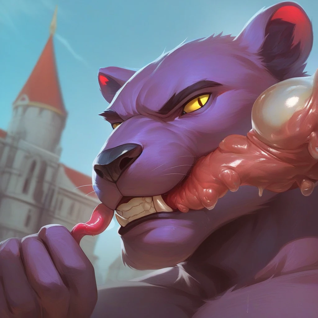 Masterpiece, best quality, amazing quality, one boy, solo, P4nth3RW, panther boy, dark purple fur, yellow sclera, no pupils, blue breastplate, close range, side angle, serious, looking towards the viewer, castle, in the form of a panther warrior, he is being attacked by the parasite Parazaide, the tentacles of the parasite Parazaide enter his mouth and he is being parasitized, his penis is also being massaged by the tentacles of the parasite Parazaide, and while still in the form of a panther warrior, he is also being parasitized from his penis and it is entering and invading his body