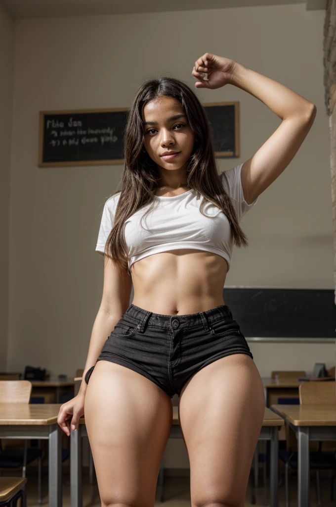 Girl sitting in class, masturbating in class, thick thighs, hand in her pants, hands in her pants, touching vagina, goth