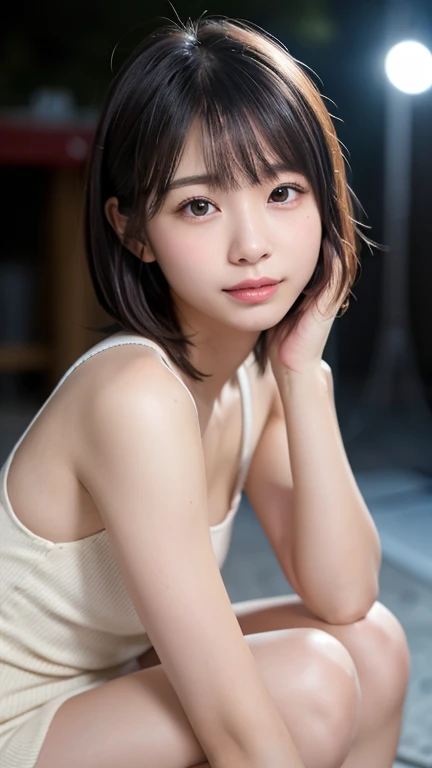 (White Panty:1.45), Wearing a skirt, dress,(Professional portrait, Professional Writing) ,masterpiece,最high quality,Realistic,8k,Official Art, Ultra-high resolution, (Cowboy Shot:1.2),,Shining Cheeks ,(Glowing Skin:1.3),bowl-cutヘアー,(Blonde gradient hair:1.2), 8k,high quality, Super detailed, 最high quality, Very detailed, beautiful , (Professional portrait, Professional Writing) ,masterpiece,最high quality,Realistic,8k,Official Art, Ultra-high resolution,, , Vivid and cute , Straight bangs, Medium Hair、Shrine maiden, 、Japanese high school girl like in the photo, Pale-skinned girl, , , necklace, (15 years old:1.3), , , ,, 8k, , Plain eyes、, , , realistic girl, beautiful girl、(kawaii junior high school student:1.23)、, Brown Hair、Cheerleader、ribbon、, (The background is a concert stage:1.3), NUDE, smile, Showing teeth、, , (knees up:1.41)