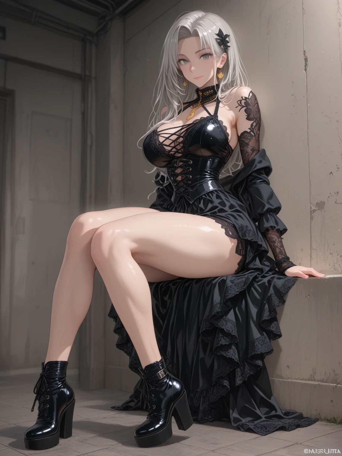 ((1girl, solo)), beautiful body, (perfect anatomy, perfect body, perfect hands, perfect legs), natural proportions, sexy body, large breasts, ((full body, full body front)) BREAK
((extremely detailed face)), (beautiful detailed eyes:1.6), (realistic pupils, realistic iris:1), expressive eyes, looking at viewer, (clear eyes:1.3), (hyperrealistic:1.2), (detailed skin texture:1.2), smooth skin, ((silver white hair)), long hair, ((very long hair)), braid, (braided ponytail:1.3), bangs, parted bangs, hime cut, ((hair over right eye)), eyes visible through hair, ((red tassel earrings)), ((hair tie)), hair ornament, ((mature female)), (((little smile))), (detailed lips:1.2), (attractive lips:1.1), (glossy lips:1), parted lips, perfect face, perfect eyes BREAK
(masterpiece:1.5), anime-style, top quality, best quality, (beautiful and aesthetic:1.2), (ultra detail:1.5), Ultra-detailed depiction, Ultra-precise depiction, extremely detailed 8k illustration, high resolution, (highly detailed shading:1.2), (realistic lighting:1.4), perfect lighting, vibrant colors, dynamic tones, striking hues, 8k, absurd resolution, perfect shadows, hdr, UHD, ambient lighting, realistic, ultra-realistic, photo realistic, highly detailed, rich detail, luminous colors, fine texture, intricate design, professional illustration, (soft light:1.2), (illustration:0.7)