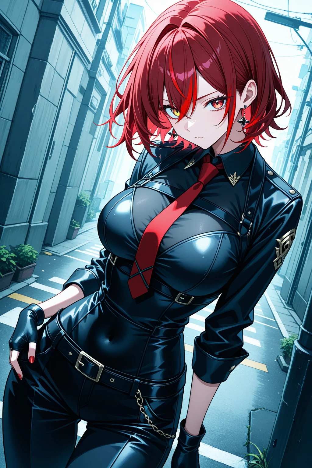 (highest resolution, clear_image) highest quality, a female's masterpiece, very detailed, semi-realistic,(most of the body), (highest quality, masterpiece, Super realistic),deep red hair, wolf cut, Torn black bangs, open jacket, shadows on the eyes, short hair, wolf cutの髪, green and blue stripes in hair, Eyes down, gone crazy, have, look up, cowboy view,intimidating pose、The whole body from head to foot、Powerful atmosphere、sharp eyes、cool beauty、walk with authority、suit、lift your hair with one hand、empress、adult dignity、Queen、胸元の開いたsuit、Tight Skirt、knife、hold a weapon