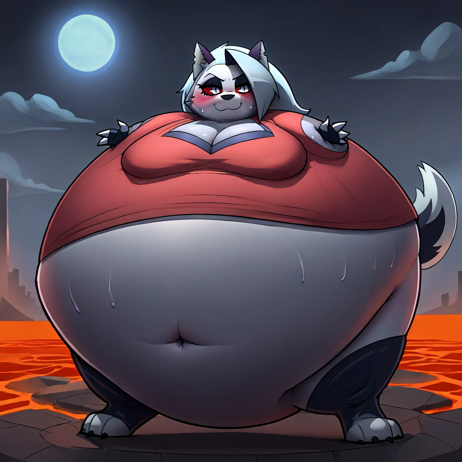 Obese ghost fox furry with red horns