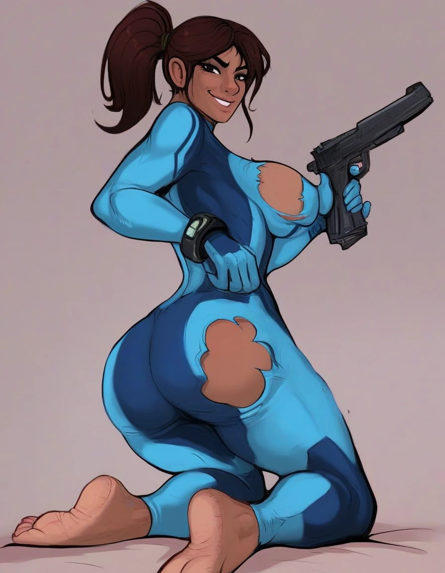Imperial Guard Combat Uniform Swimsuit, o-ring bikini, v gundam, swimsuit, absurdres, highres, solo, cowboy shot, 1girl, neneka nibrou \(cosplay\), wristband, headphone, holster, backpack, holding gun, aiming, perfect hands, wind, hair ornament, large breast, huge breast, brown hair, blue eyes, long hair, jewelry, gem, bracelet, crown, lipstick, crouching, from back, from behind, looking from back, view from back, ass