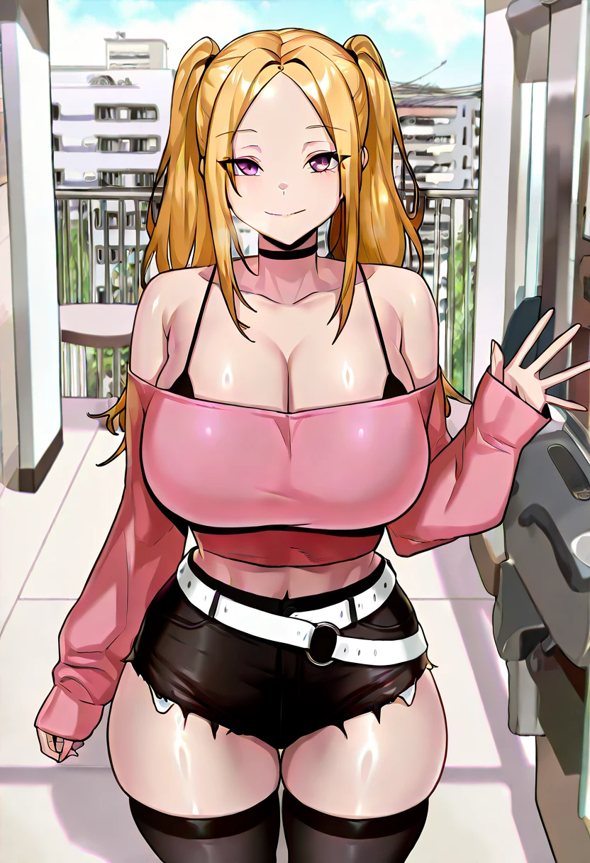 (1girl, solo, (masterpiece:1.2), best quality, , nurse cap, bikini, thigh-highs. heels, big breasts , wide hips , milf , operation theatre ,kitagawa marin, 1girl, blonde hair,, ear piercing, bag, piercing, pink eyes, gyaru ,black choker, earrings, , red eyes , bangs, multicolored hair , makeup, gradient hair , smile
