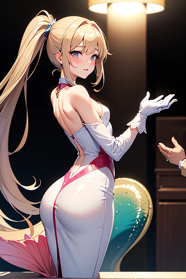 Bunny Altria hairstyle、1girl in、独奏、blonde  hair、looking at the viewerreastsout、length hair、poneyTail、poker chip、Braids、hair between eye、The table、bangss、side locks、large full breastare shoulders​、Ahoge、A smile、award - winning photo, (Looking at Viewer:1.2), Smile,a blond,length hair ,​masterpiece, top-quality, Hi-Res,鎖骨, red blush ,Large breasts, cleavage, Underchest, Just look at the audience, very large breast, (Large valleys), (large sagging breasts), in hotel, sexly, Glamorous body, Body wet with white liquid,fishnet tights,cowboy  shot,Sweaters,Looking back,Sticking out the buttocks,The back is visible,