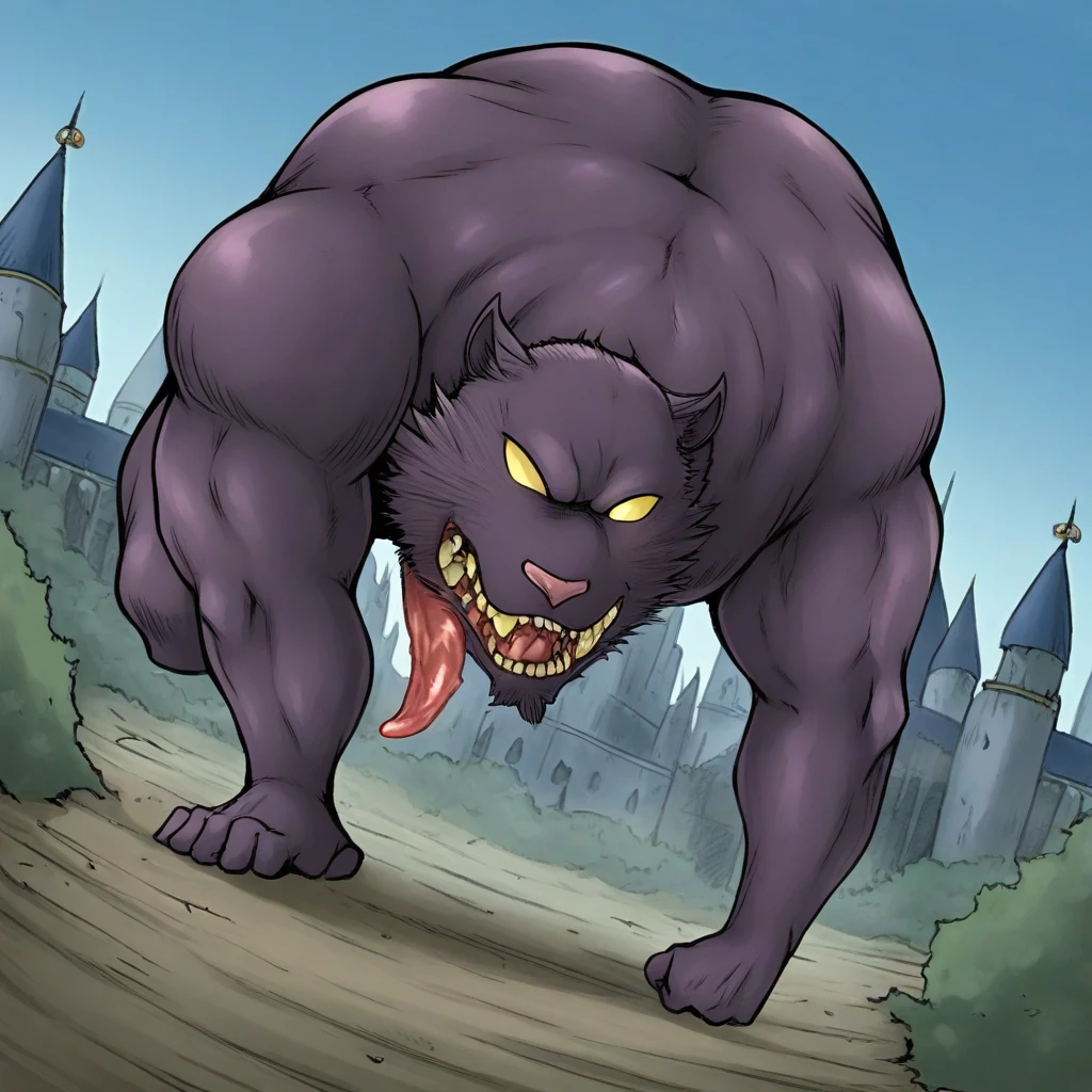 Masterpiece, best quality, great quality, one boy, solo, P4nth3RW, panther boy, dark purple fur, yellow sclera, no pupils, blue breastplate, close range, side angle, serious, looking towards the viewer, castle, Panther warrior, full body form, infected by the parasite Parazaide, the tentacles of the parasite Parazaide enter his mouth, he is infected, full body form, penis is also massaged by the tentacles of the parasite Parazaide, Panther warrior, full body form, he is also infected from penis, it enters and invades his body