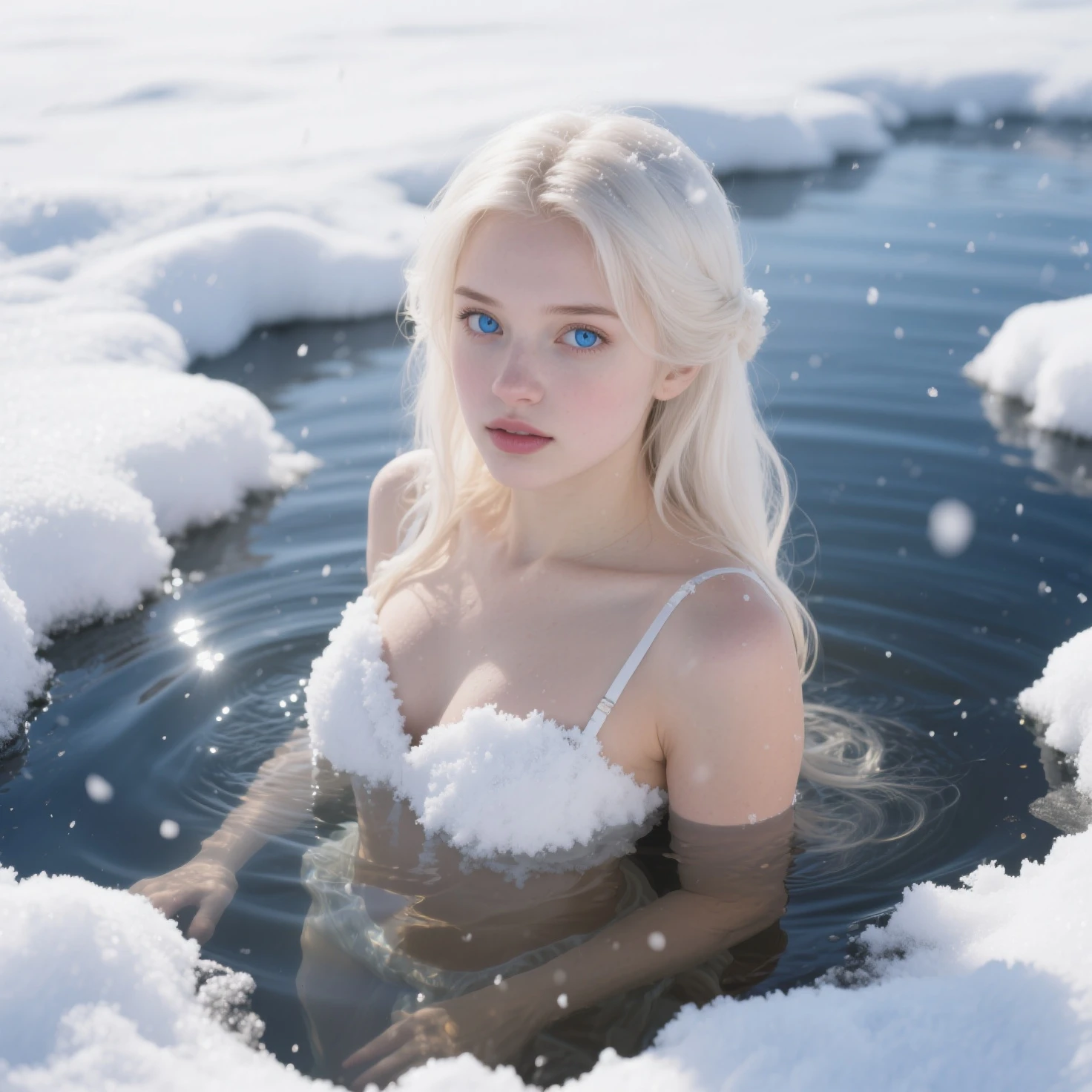 In super high quality, a beautiful young Russian girl with long ice-colored hair and ice-white body skin, super realistic, attractive, with high detail in the background