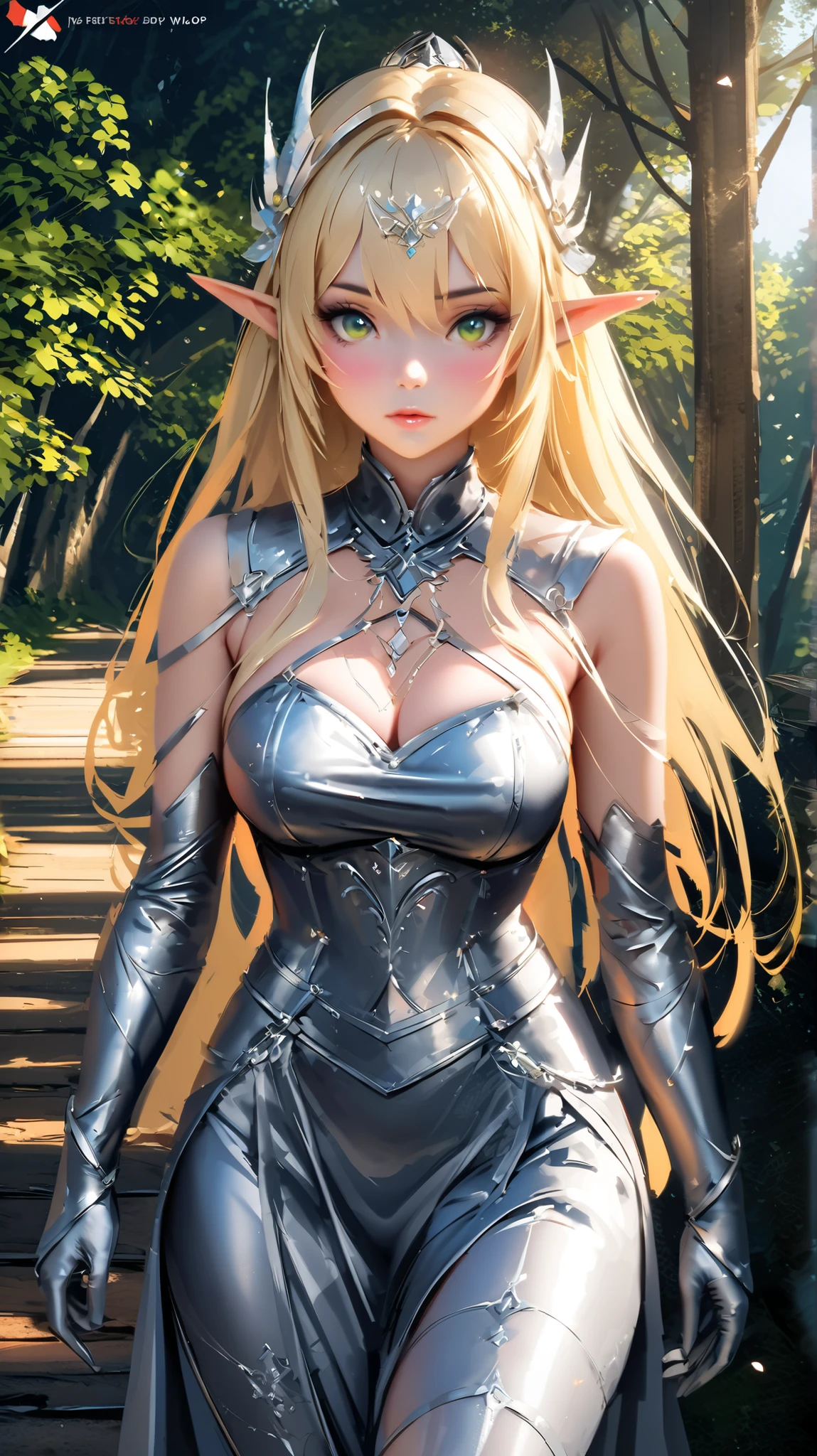 alexis texas anime 3d Photorealistc, high quality, silver chest armor, full make up, huge eyelashes, large earrings, Black t-shirt, Dark lips, outdoor, sunlight, flowers on tiara