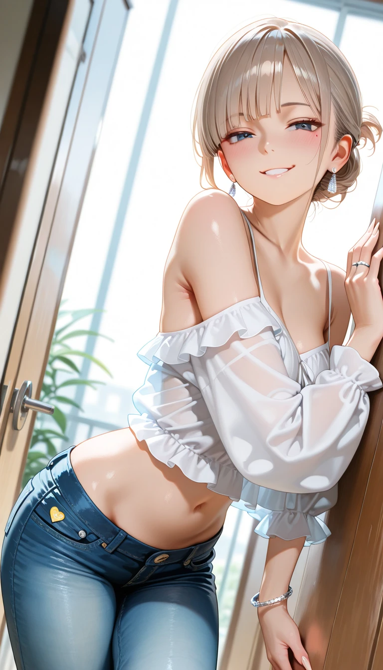 Miss,20 years old,, site,morning,(((Sexy miniskirt))),,Open mouth smile((Action poses)),blush,Open transparent top