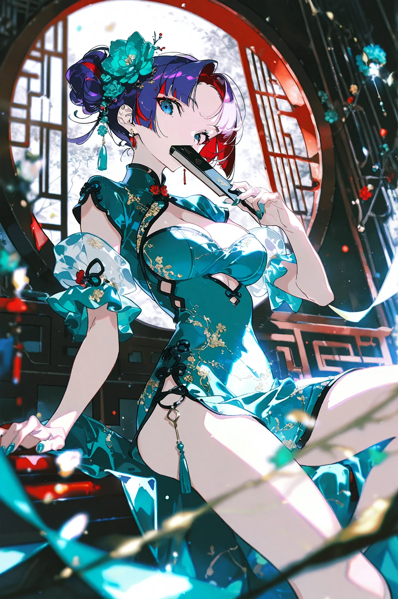 masterpiece, amazing quality, best quality, good quality, absurdres, ultra-high resolution, 32K UHD, masterful details, extreme aesthetic, very aesthetic, newest, year 2024, year 2023, sharp focus,
(void 0:0.46), (yoneyama mai:1.2), (cocoballking:0.45), (rella:0.5), (reoen:0.34), (wanke:0.56)
official art, emotionalization, unconventional supreme, impactful picture, perspective composition, movie perspective, depth of field, blurry foreground, light particles, blurry,
1girl, purple hair, red hair, streaked hair, long hair, hair bun, dark blue eyes, large breasts, nail polish, hair ornament, hair flower, aqua flower, clothing cutout, cleavage cutout, chinese clothes, china dress, short sleeves, short dress, aqua dress, fantasy_dress_lora, ornate_outfit_style, elegant fantasy dress, enchanted outfit, asymmetrical fashion, layered fabric, shimmering fabric, magical embroidery, silk dress, flowing dress, fantasy jewelry, ornate accessories, intricate ornaments, rich colors, solo, looking at viewer, covered mouth, holding fan, hand fan, covering own mouth, sitting, window, round window, lattice, flower, indoors,